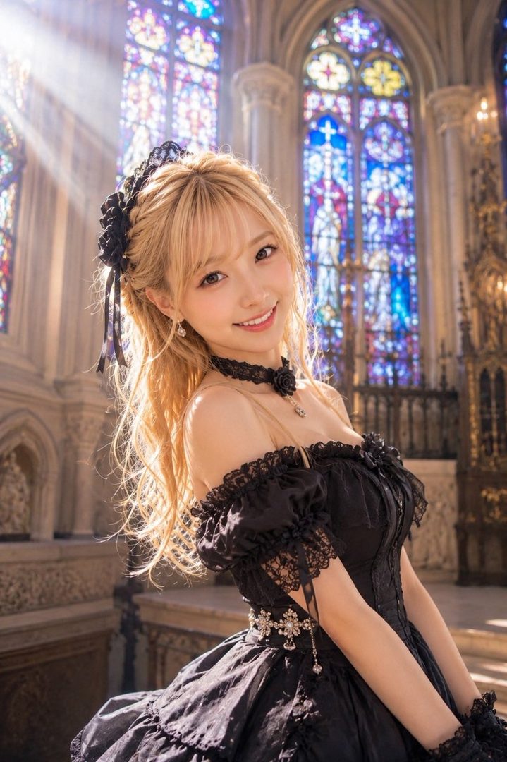 A beautiful woman with blonde hair and bangs smiles while wearing a black gothic lolita dress in a church with stained glass windows.