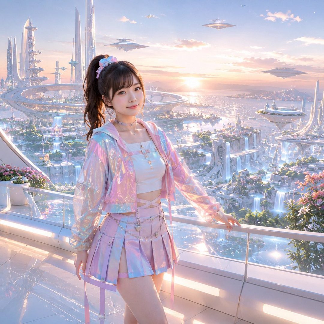 A young woman with brown hair in a ponytail stands on a futuristic balcony overlooking a city with flying vehicles at sunset.