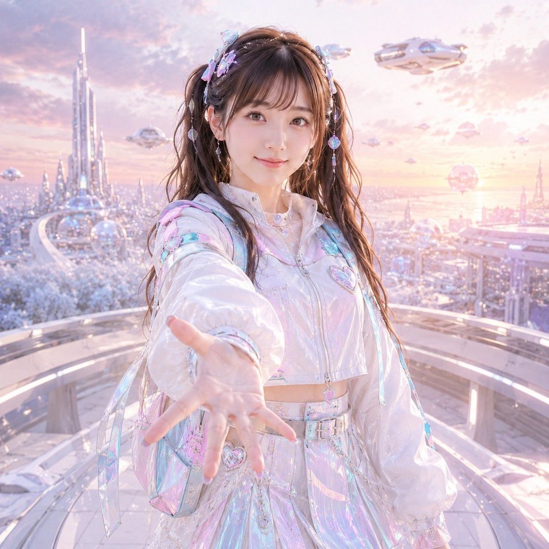 A young woman with brown hair in pigtails, wearing a futuristic iridescent outfit, extends her hand towards the viewer in a fantastical city landscape.