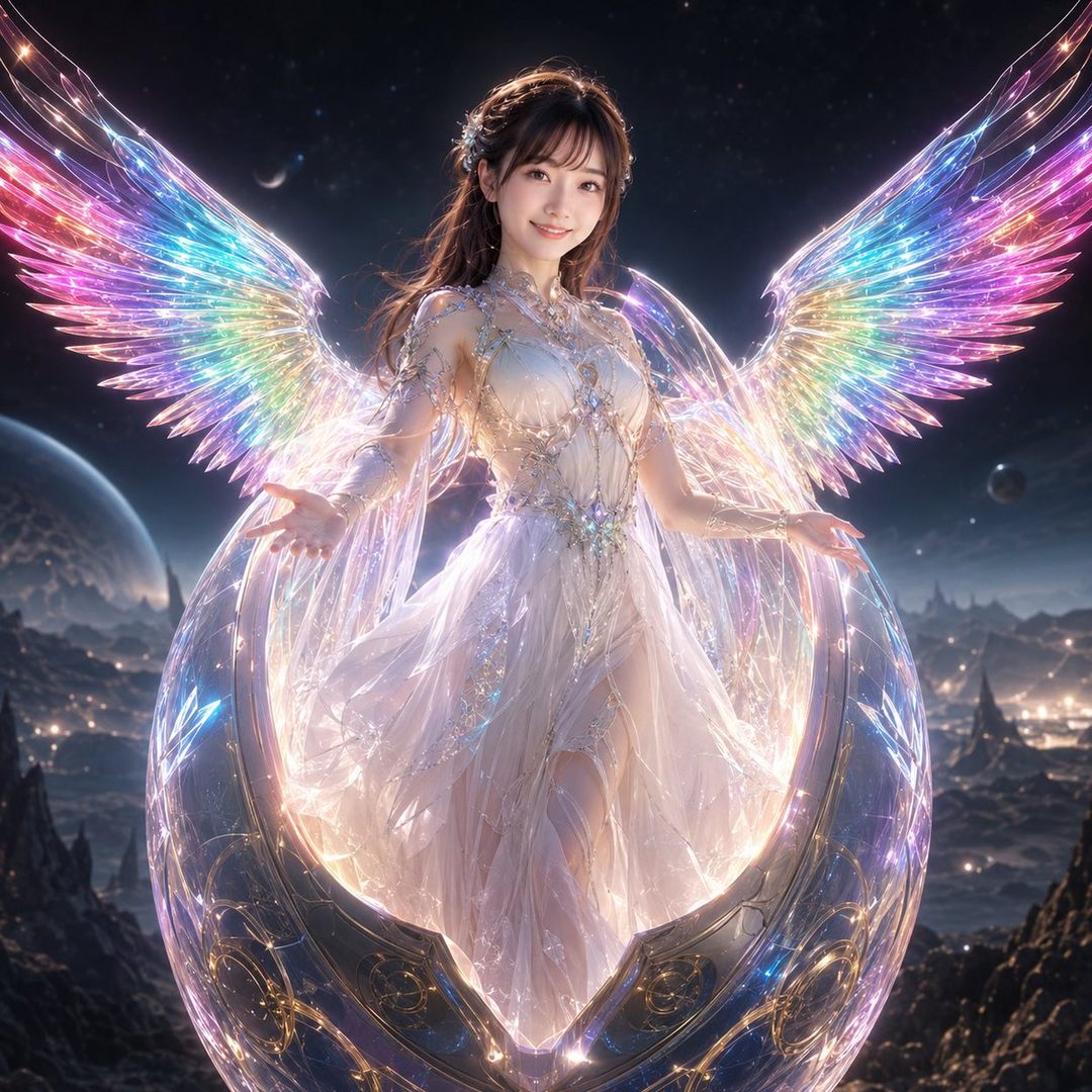A beautiful woman with long brown hair and rainbow wings stands in a glowing dress against a cosmic background with planets and city lights.