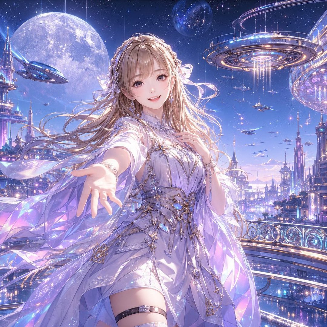 An anime-style woman with long blonde hair in a shimmering dress extends her hand in a futuristic city at night under a large moon.