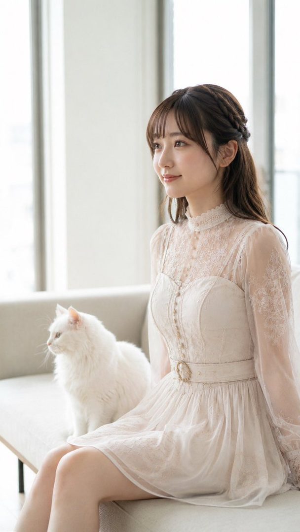 A beautiful East Asian woman in a white lace dress sits on a sofa with a white cat.