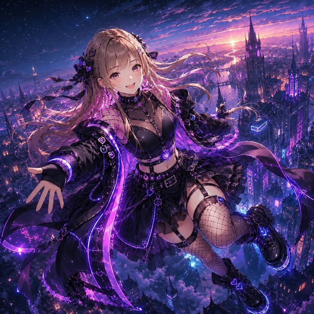 An anime girl with blonde hair and a black gothic outfit floats above a futuristic city at night, illuminated by purple neon lights.