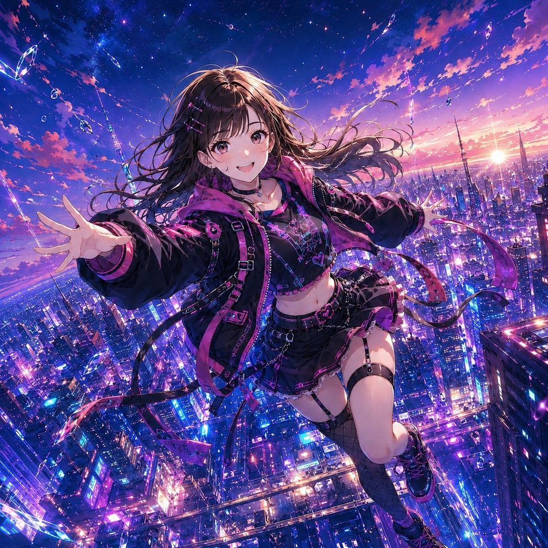 An anime girl with long brown hair smiles while floating above a vibrant, neon-lit city at night.