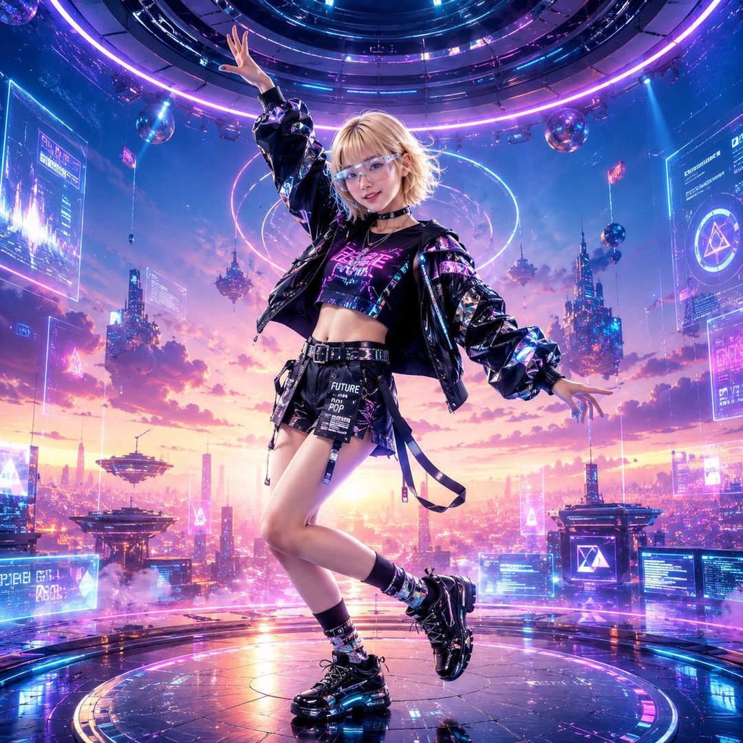 A woman with short blonde hair and futuristic glasses poses in a cyberpunk city at night.