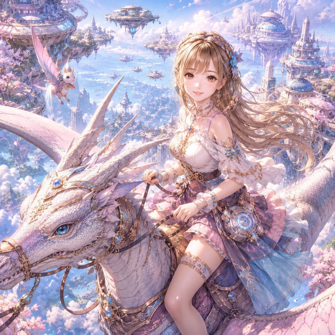 An anime-style girl with long blonde hair rides a white dragon in a fantastical sky city with cherry blossoms.