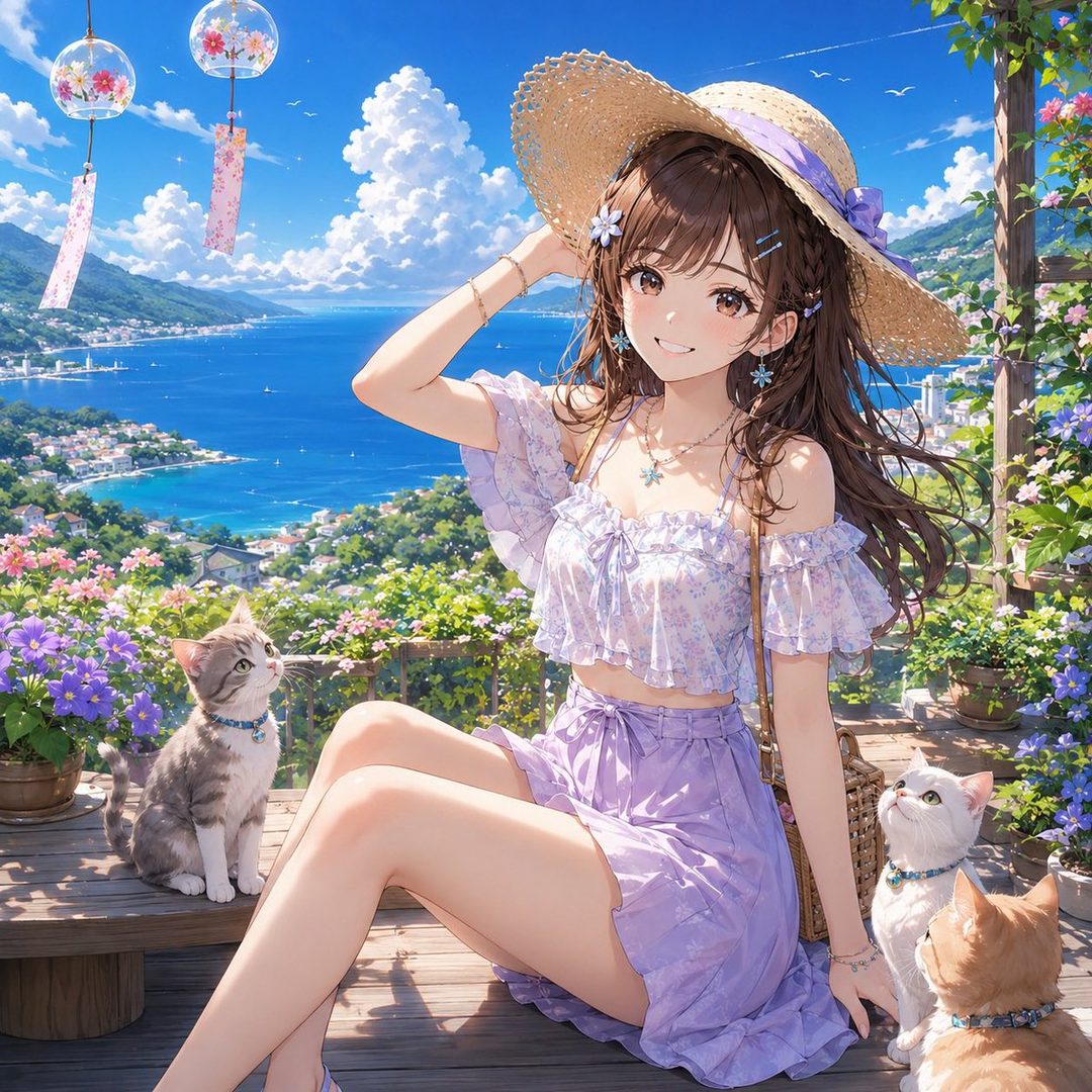 An anime-style girl with long brown hair and a straw hat sits outdoors with cats, overlooking a beautiful bay.