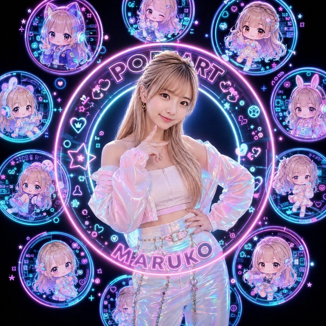 A woman with blonde hair in a shiny pink and white outfit poses surrounded by neon glowing chibi anime characters and text.