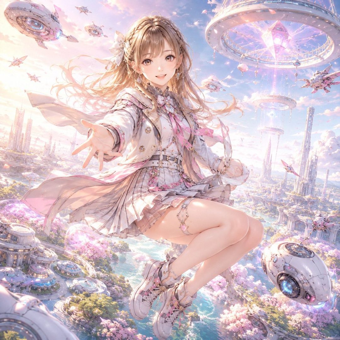 An anime-style girl with long blonde hair and a white and pink dress floats above a futuristic city with flying vehicles and cherry blossoms.