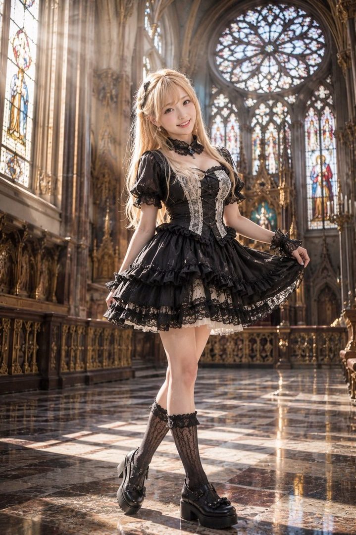 A blonde woman in a black gothic lolita dress poses inside a grand cathedral with stained glass windows.