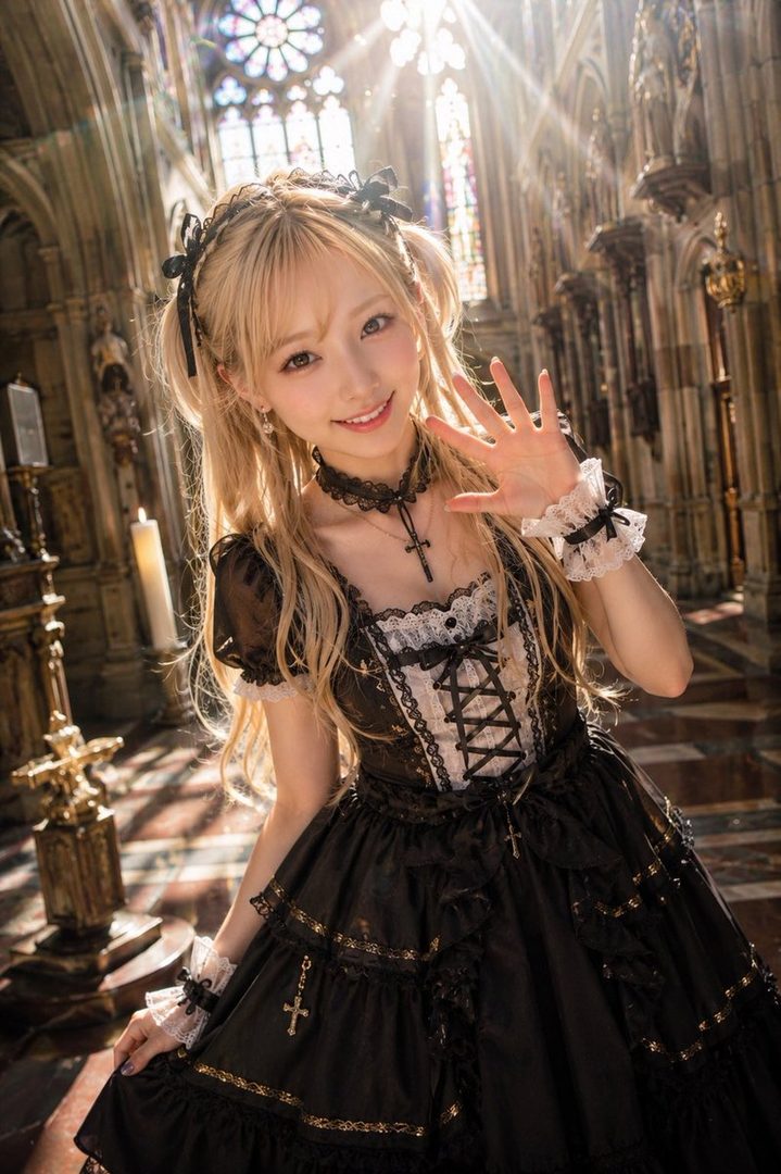 A beautiful woman with blonde twintails wearing a black gothic lolita dress poses inside a grand church with stained glass windows.