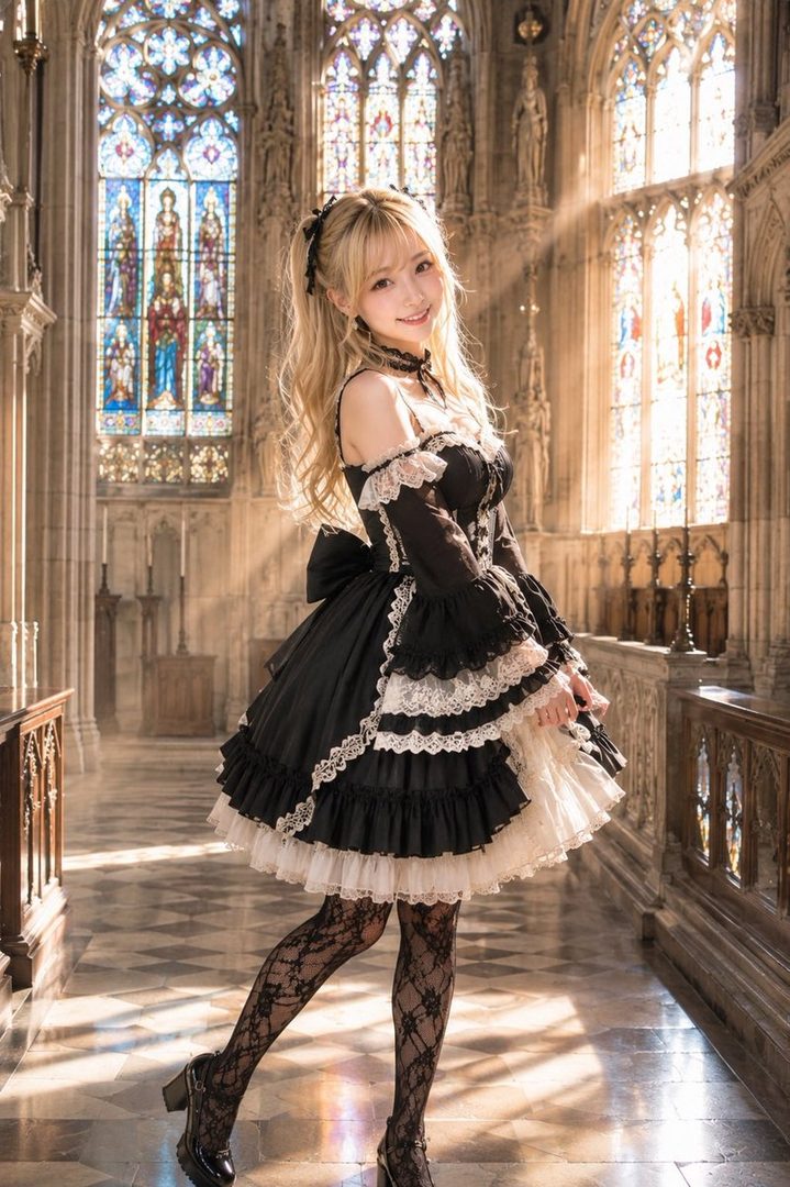 A blonde woman in a black and white gothic lolita dress stands in a grand hall with stained glass windows.
