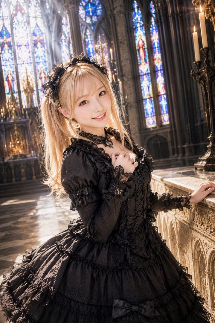 A beautiful woman with blonde hair in pigtails wears a black gothic lolita dress inside a grand cathedral with stained glass windows.