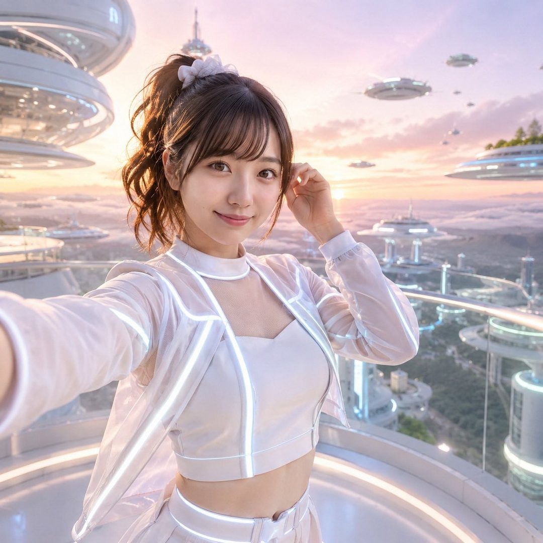 A young woman takes a selfie in a futuristic city at golden hour, wearing a white crop top and jacket with glowing accents.