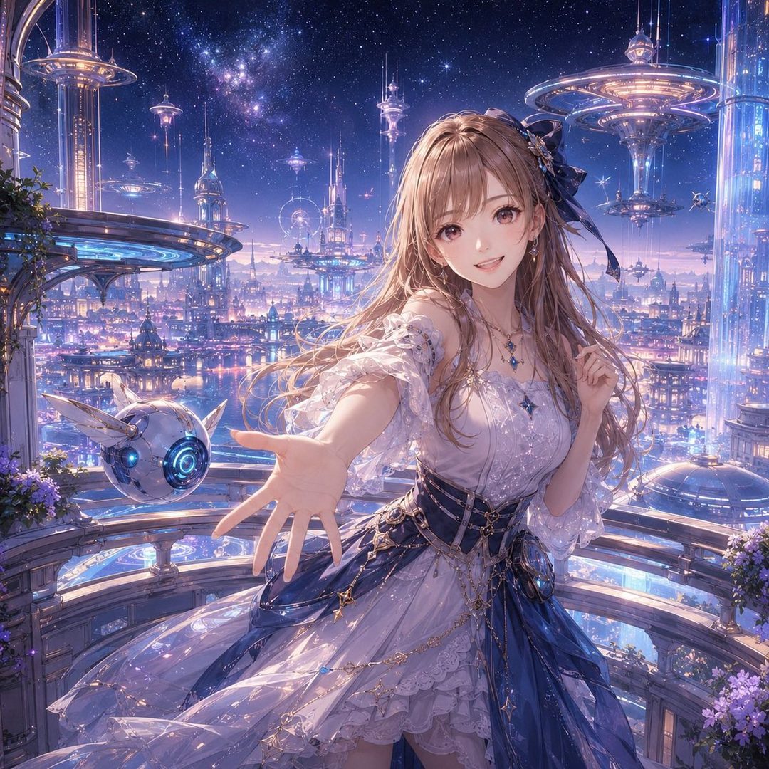An anime girl with long brown hair and a blue and white dress extends her hand on a balcony overlooking a futuristic city at night.