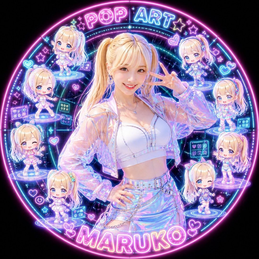 A blonde woman with pigtails smiles and makes a peace sign, surrounded by neon lights and chibi versions of herself.