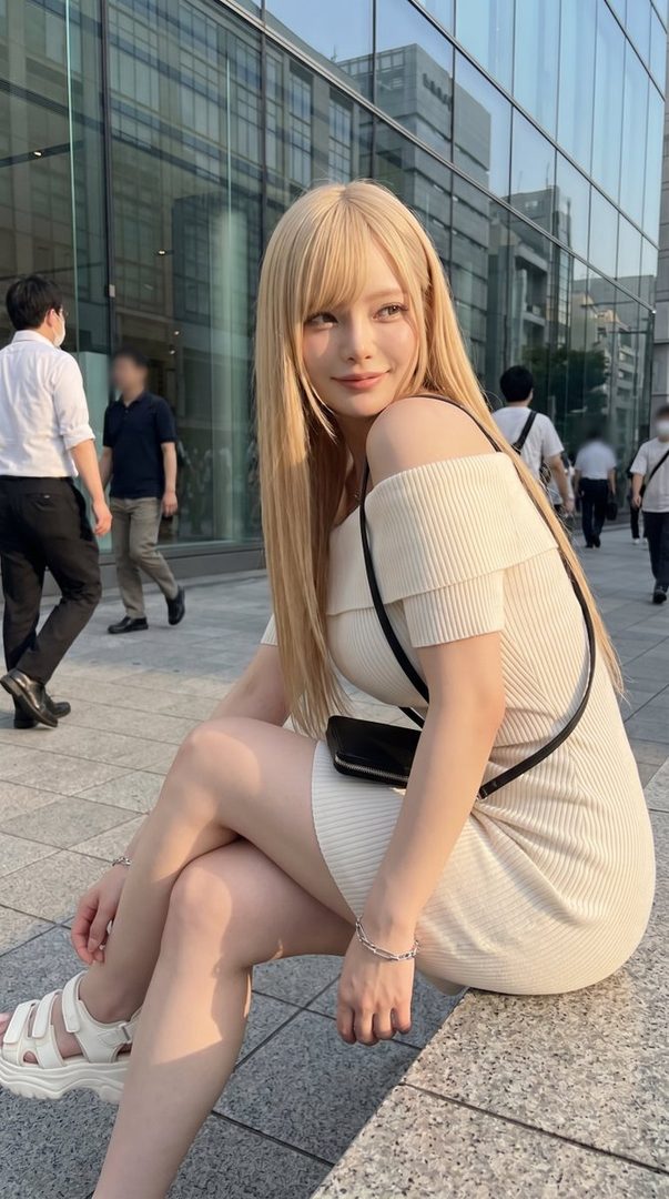 A blonde woman in a light-colored off-shoulder dress sits on a step on a city street, looking back over her shoulder.