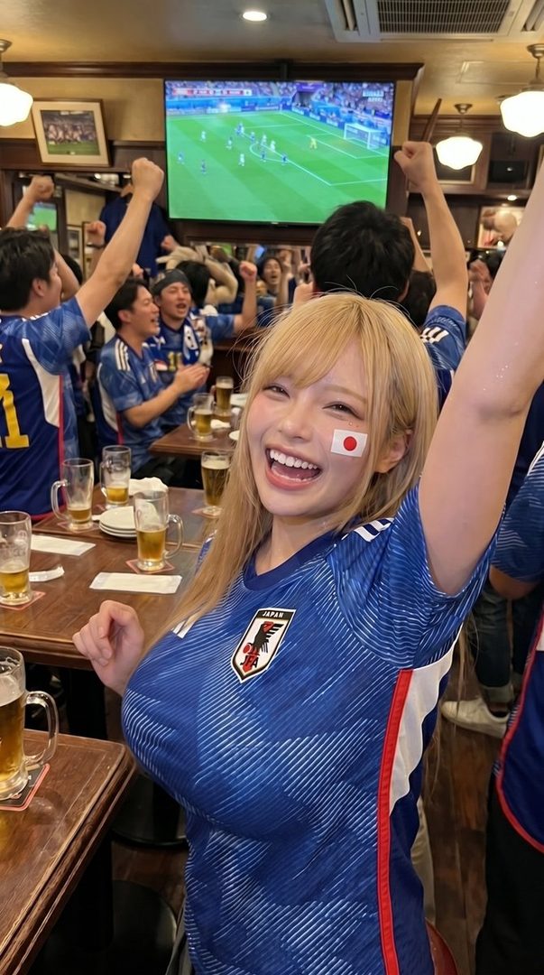 A blonde woman in a blue Japan soccer jersey with a Japanese flag painted on her cheek cheers excitedly in a bar.