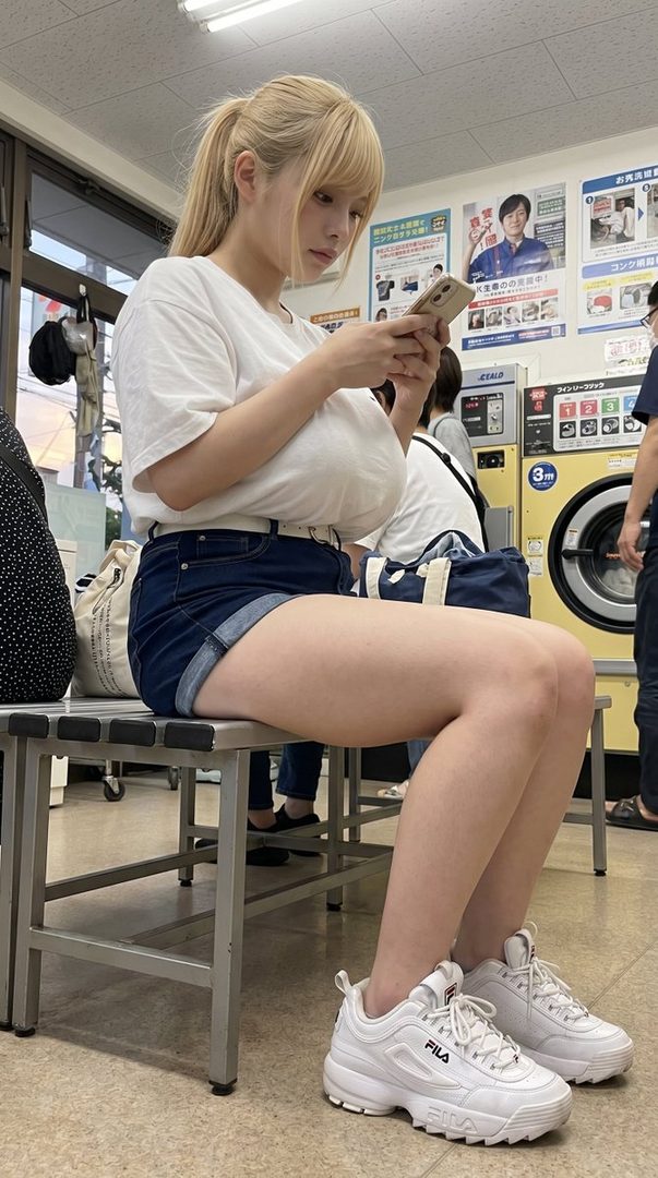 A blonde woman in a white t-shirt and denim shorts sits in a laundromat, looking at her phone.