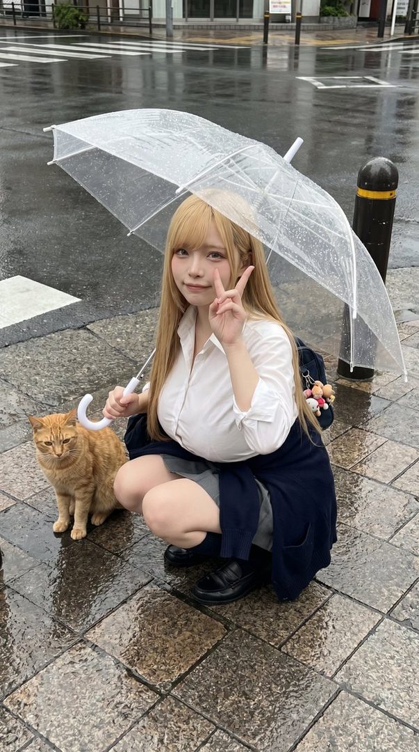 A cute girl in a school uniform crouches on a wet street with an umbrella and a cat.