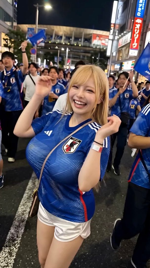 A smiling woman with blonde hair in a blue soccer jersey and white shorts is cheering on a city street at night, surrounded by other fans.