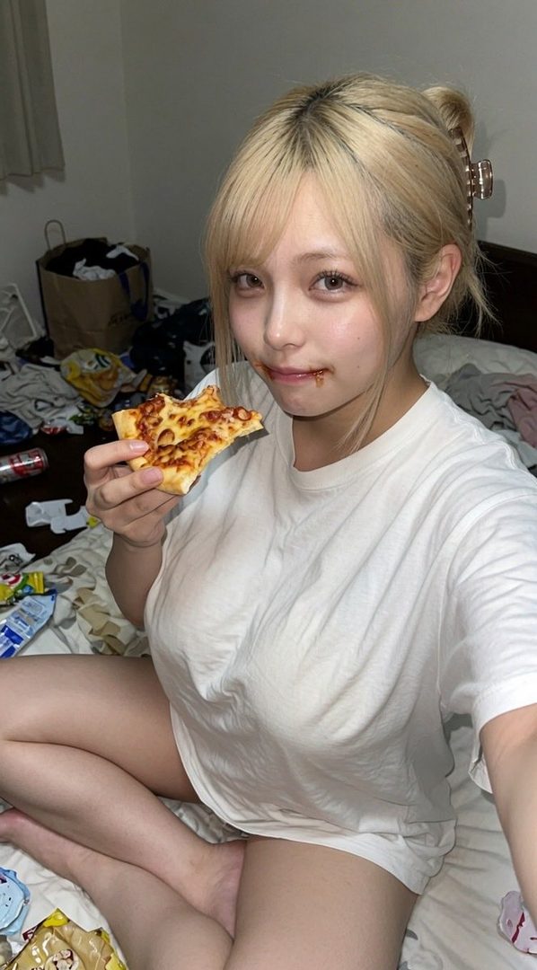 A blonde woman with bangs takes a selfie while eating pizza in a messy room at night.