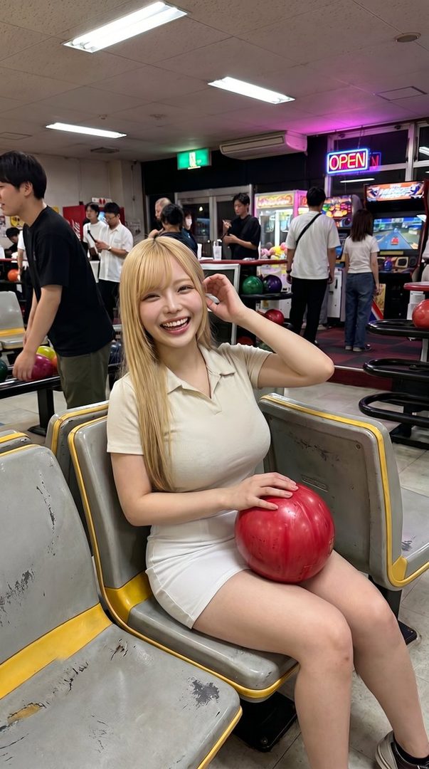 A smiling woman with blonde hair sits in a bowling alley, holding a red bowling ball.