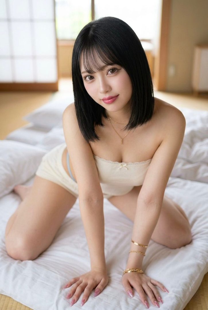 A young woman with short black hair and bangs poses on a white futon in a strapless top and shorts.