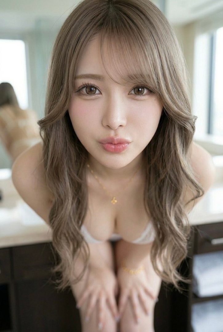 A woman with long brown curly hair and light makeup poses in a white bra, looking directly at the camera with a slight pout.