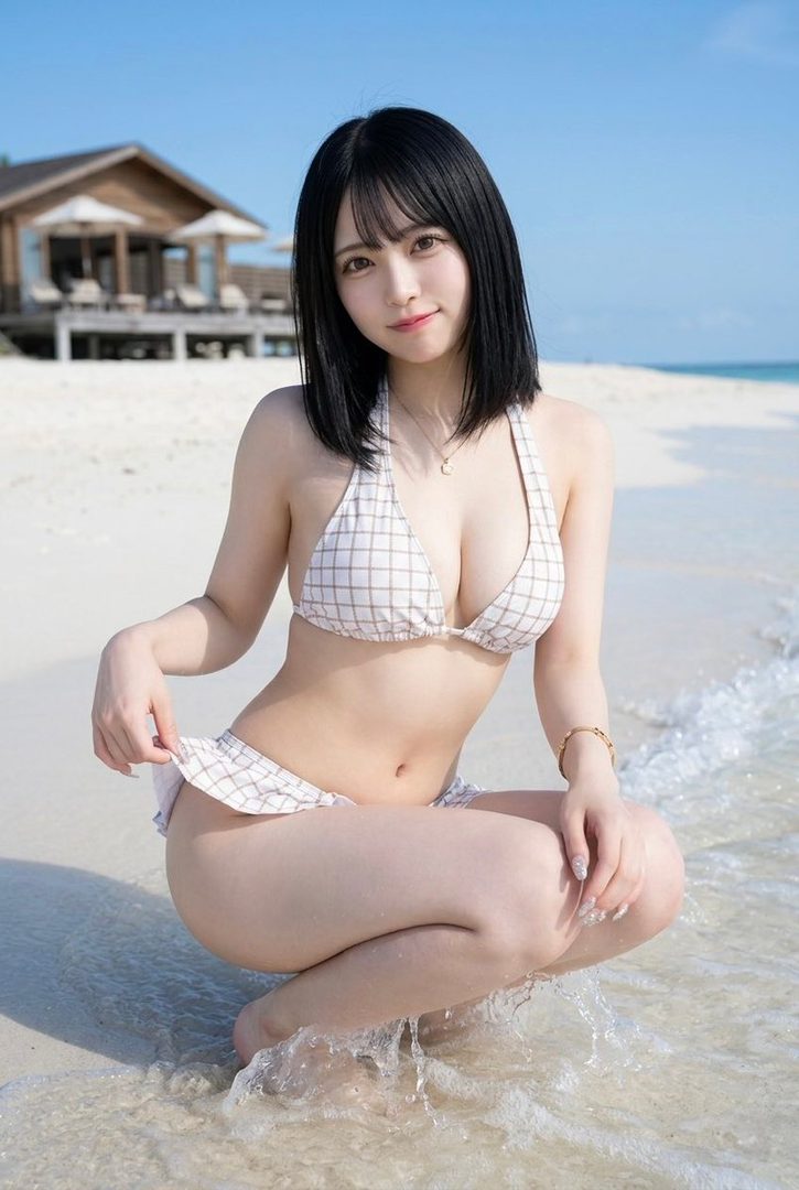 A young woman with black hair in a plaid bikini crouches in the shallow water on a sunny beach.