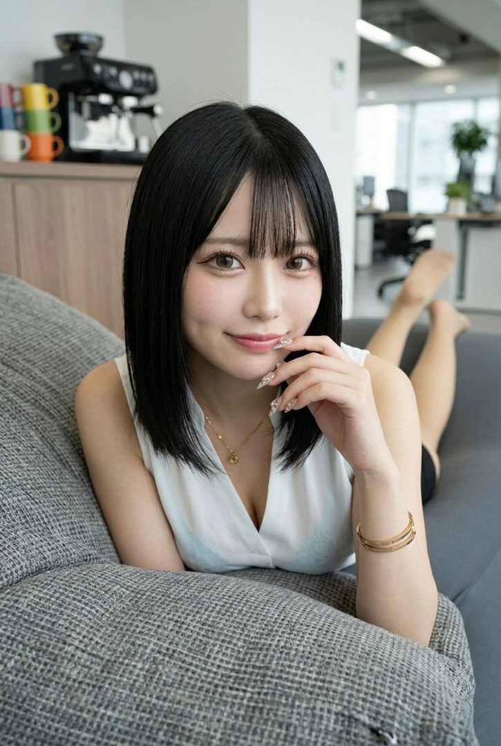 A cute East Asian woman with short black hair and bangs smiles while lying on a gray sofa indoors.