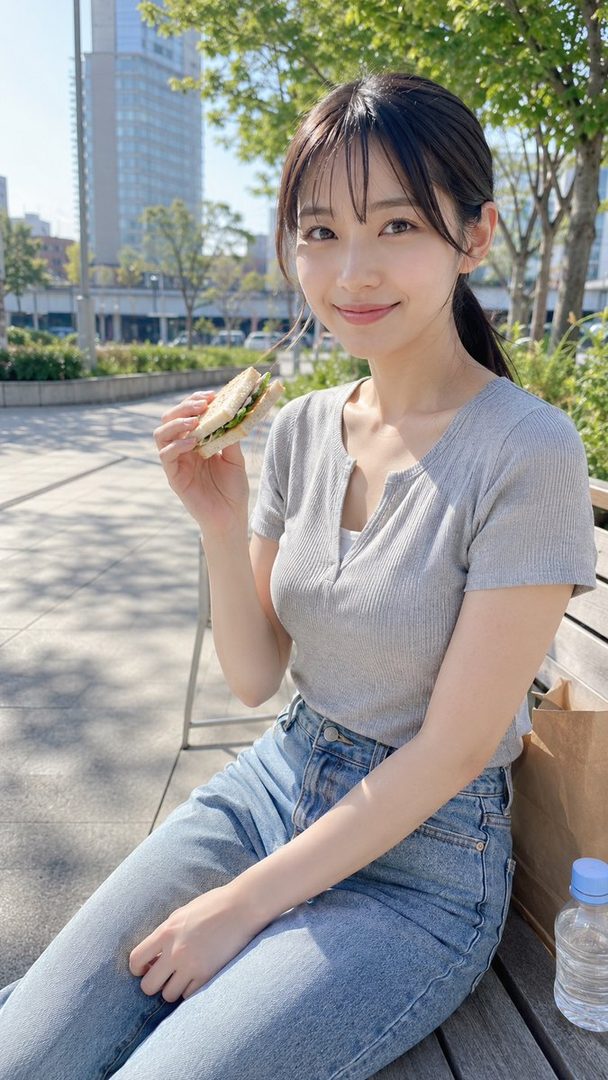 A young woman with black hair tied in a ponytail and bangs, wearing a grey top and jeans, is sitting outdoors and eating a sandwich.