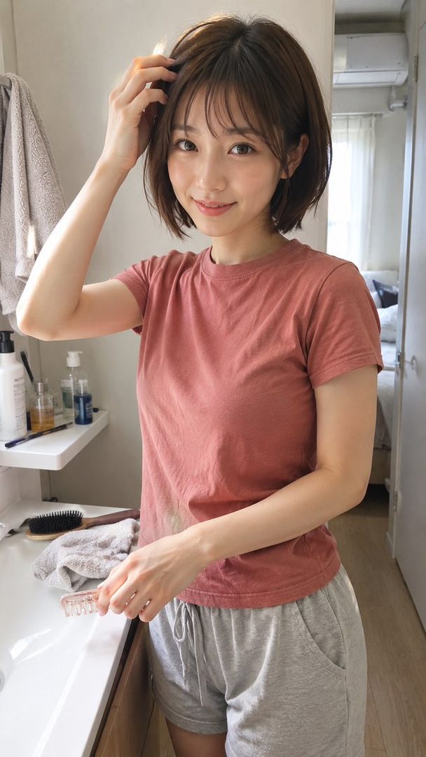 A young woman with short brown hair and bangs, wearing a pink t-shirt and grey shorts, smiles while touching her hair in a bathroom.