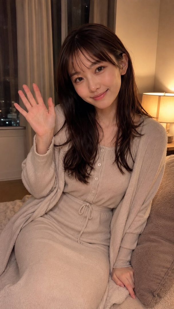 A young woman with long brown hair and bangs, wearing a light beige knit dress and cardigan, smiles and waves at the camera in an indoor setting.
