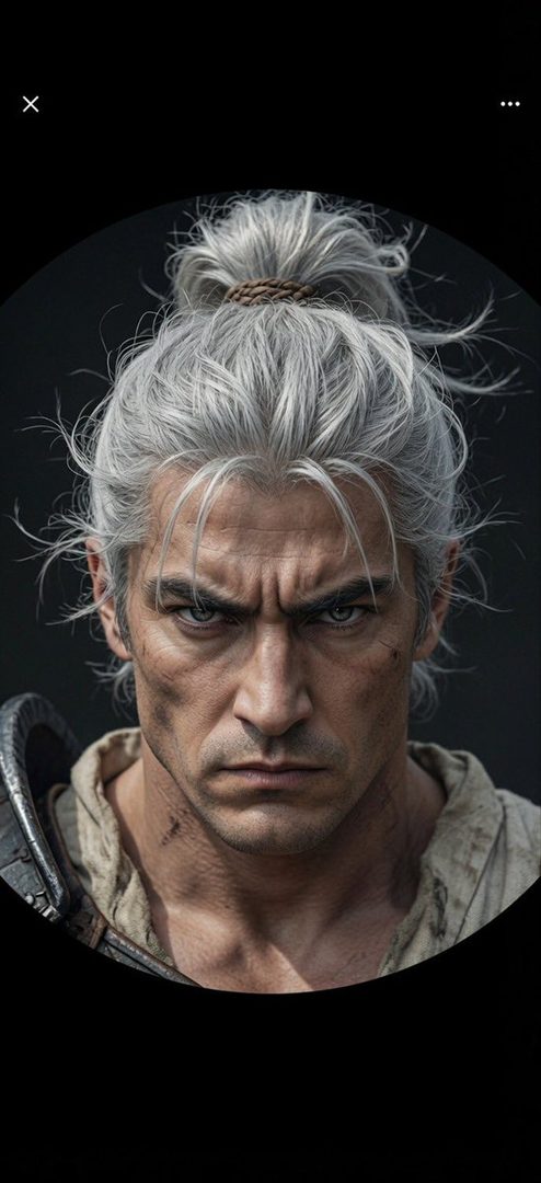 A photorealistic portrait of a man with silver hair tied in a top knot, looking intensely at the viewer.