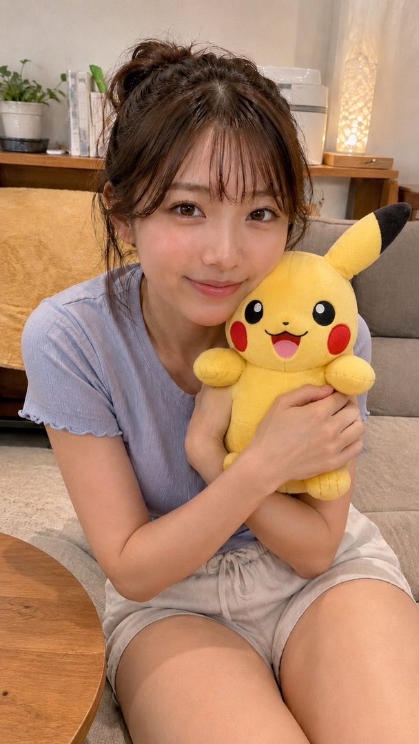A cute East Asian woman with brown hair and bangs, wearing a light blue top and shorts, holding a Pikachu plush toy indoors.