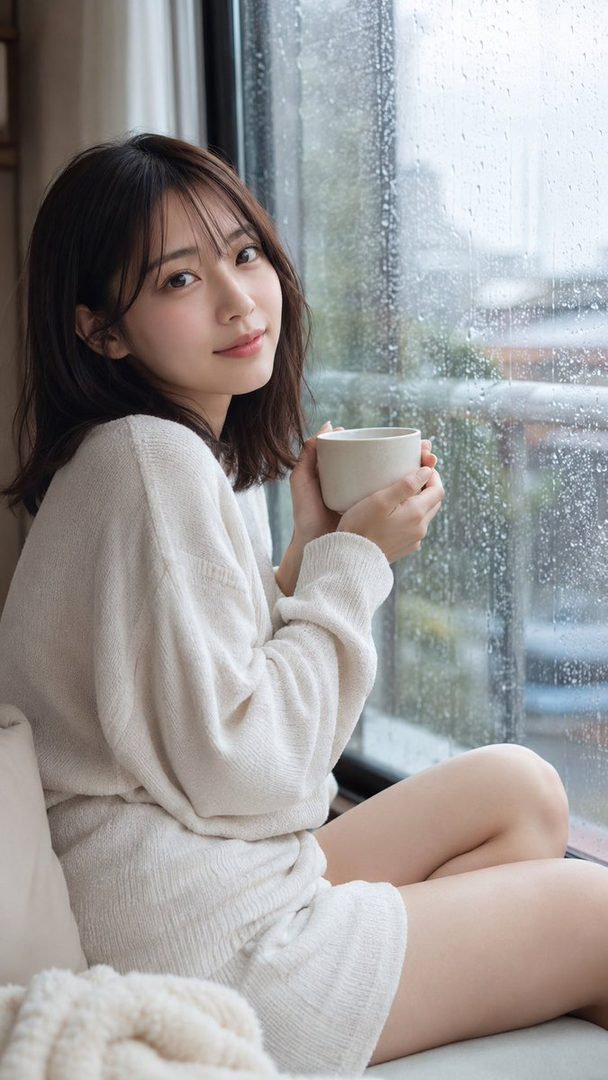 A young woman with short brown hair sits by a rainy window, holding a cup and looking at the camera.