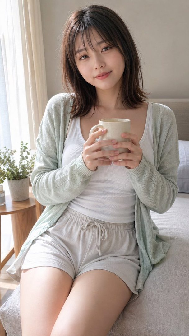 A young woman with short brown hair and bangs, wearing a white tank top and light green cardigan, sits indoors holding a mug.