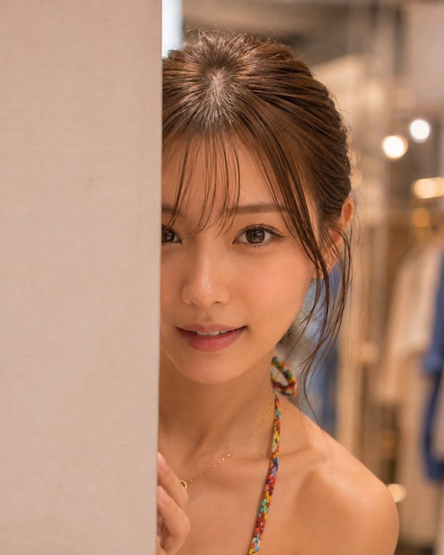 A close-up portrait of a woman with brown hair and bangs, wearing a colorful braided swimwear top, peeking from behind a wall.