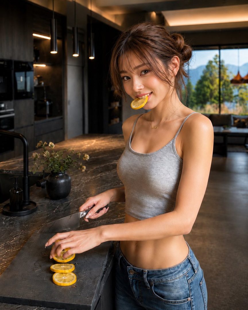 A young woman in a grey tank top and jeans is slicing lemons in a modern kitchen, with a slice of lemon in her mouth.