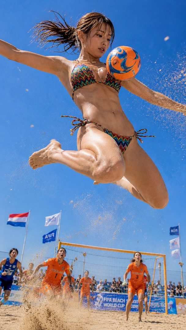 A woman in a colorful bikini jumps to head a soccer ball on a beach soccer field under a clear blue sky.