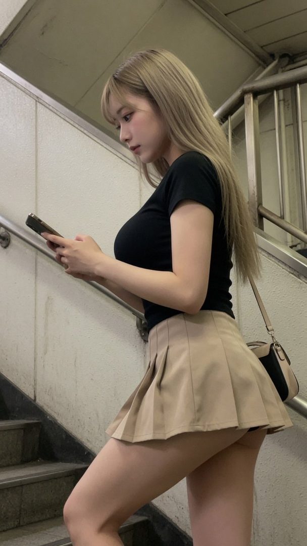 A young woman with long blonde hair and bangs, wearing a black top and a short pleated beige skirt, is looking at her phone while walking up a staircase indoors.