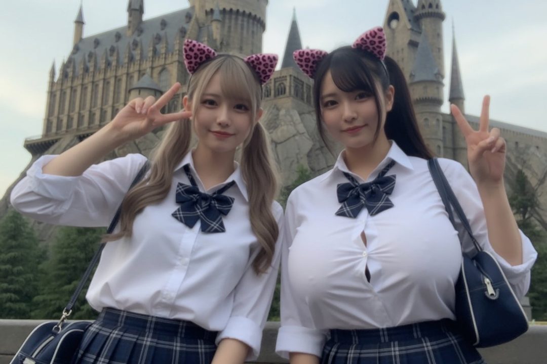 Two young women in school uniforms and cat ear headbands pose in front of a castle.