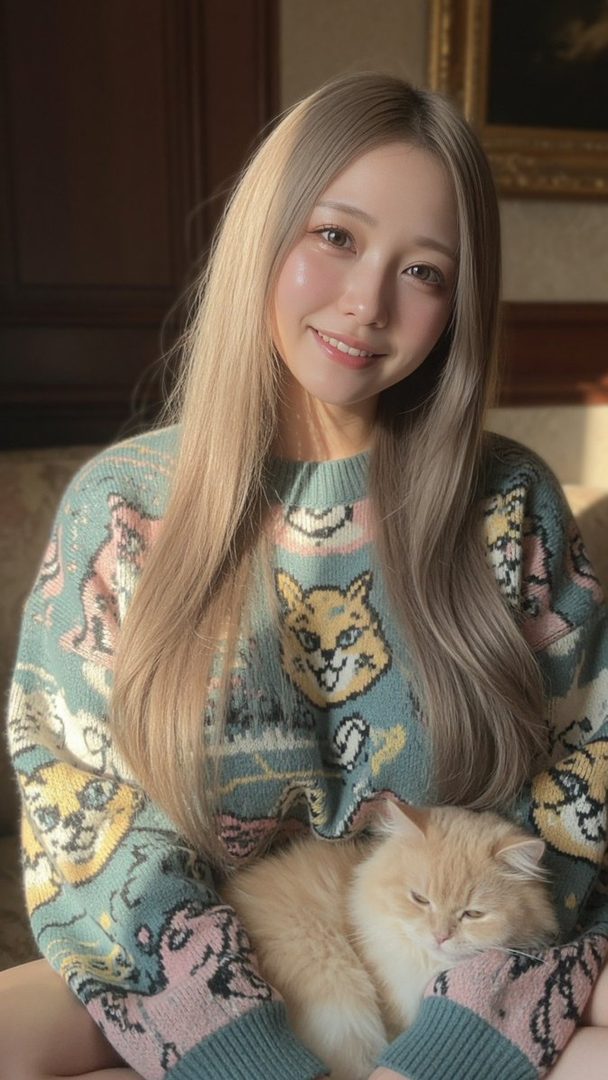 A smiling woman with long blonde hair is holding a fluffy cat while wearing a patterned sweater indoors.