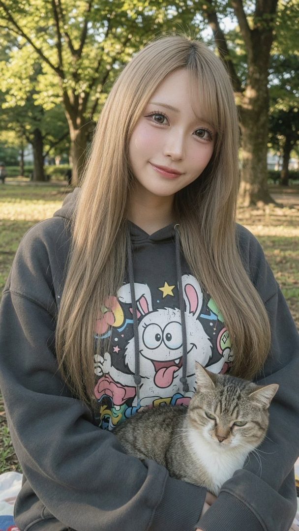 A cute East Asian woman with long blonde hair holds a cat while wearing a grey hoodie with a cartoon rabbit design in an outdoor park setting.