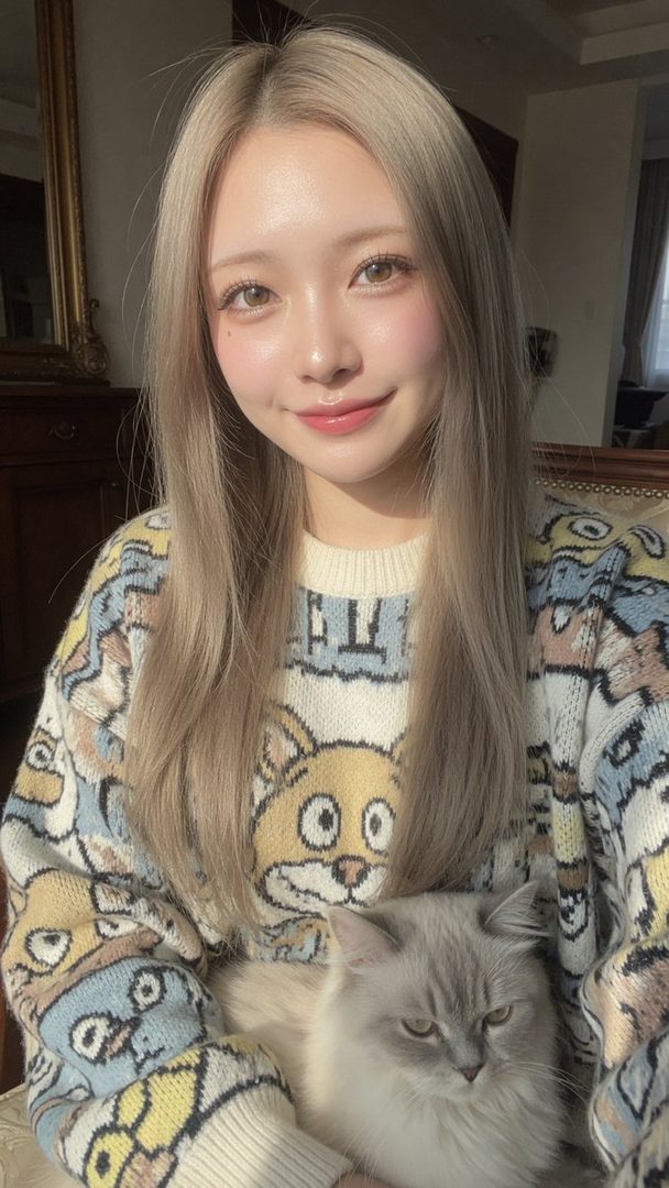A cute East Asian woman with long blonde hair smiles while holding a fluffy cat, wearing a colorful patterned sweater indoors.