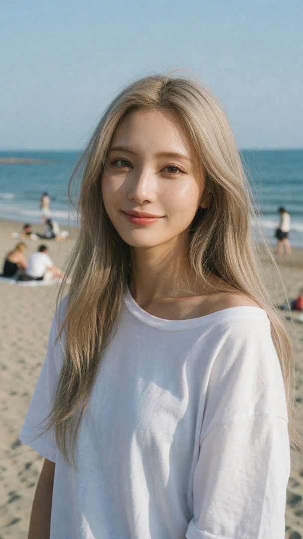 A beautiful woman with long blonde hair smiles at the camera on a sunny beach.