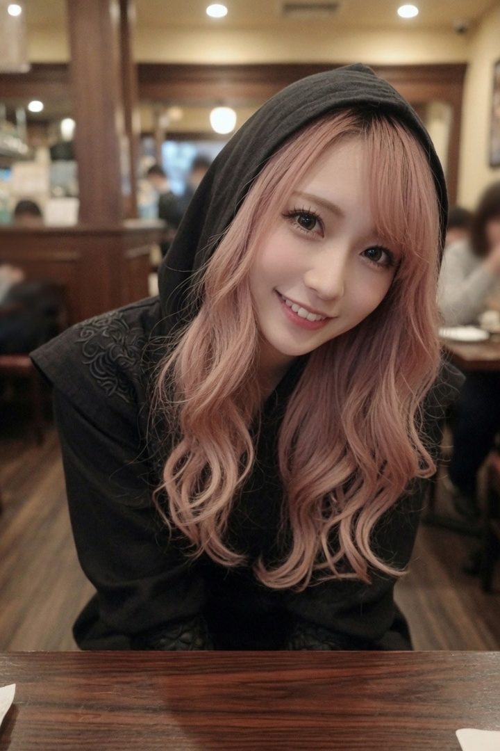 A smiling woman with long pink curly hair wearing a black hoodie sits at a wooden table indoors.