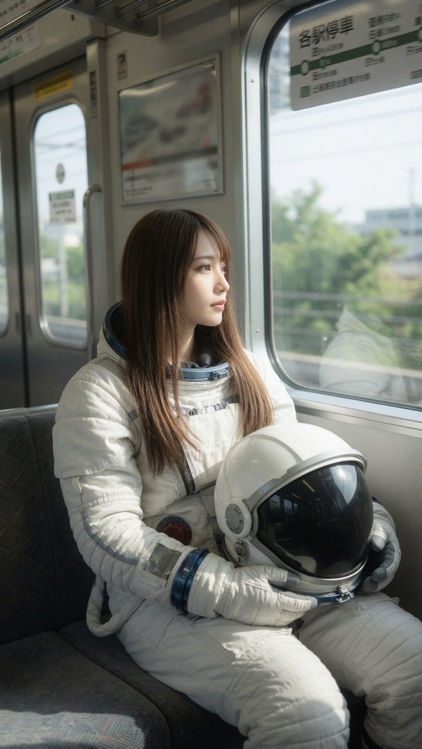 A woman in an astronaut suit sits on a train, holding her helmet and looking out the window.