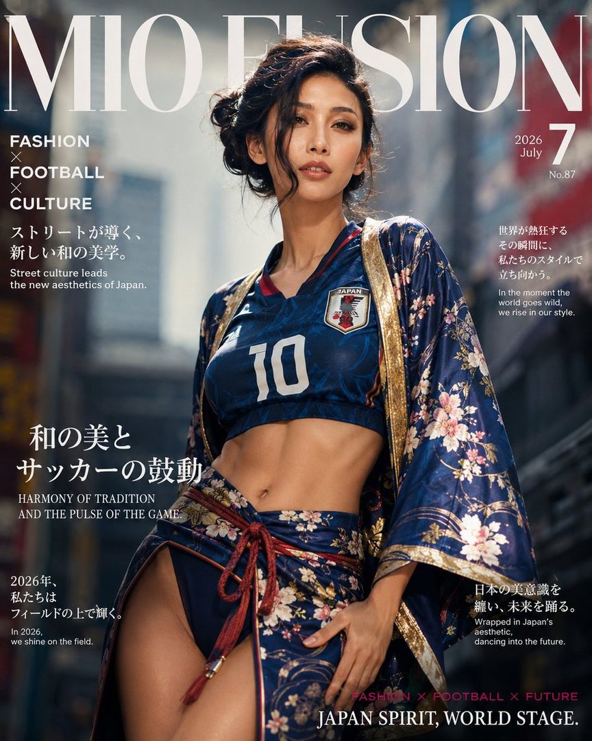 A woman in a Japanese soccer jersey and a floral kimono-style wrap poses for a fashion magazine cover.